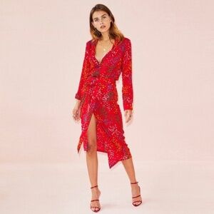 Never Fully Dressed Red Midi Skirt with Multicolor Dots